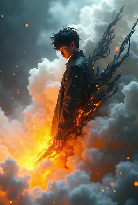 3D Anime Figure, Sparkling, destroying the atmosphere around, with white fog mixed with black, black, white flame, burning in both eyes, yellow eyes, Chinese anime boy.