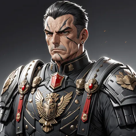 An imposing, battle-hardened general in his late 40s or early 50s, tall and muscular, with short dark hair and piercing steel-gray eyes. He has a strong jawline, angular features, and a battle scar running along his cheek. His military uniform is dark gray...