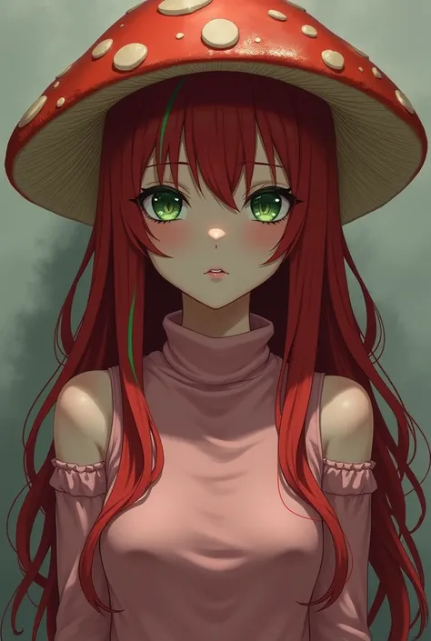 Create a beautiful girl anime girl with long red hair, black hair highlights in the middle, dark green eyes, green eyelashes, and a short pink turtleneck dress. 
Poisonous look. Put on a mushroom cap.