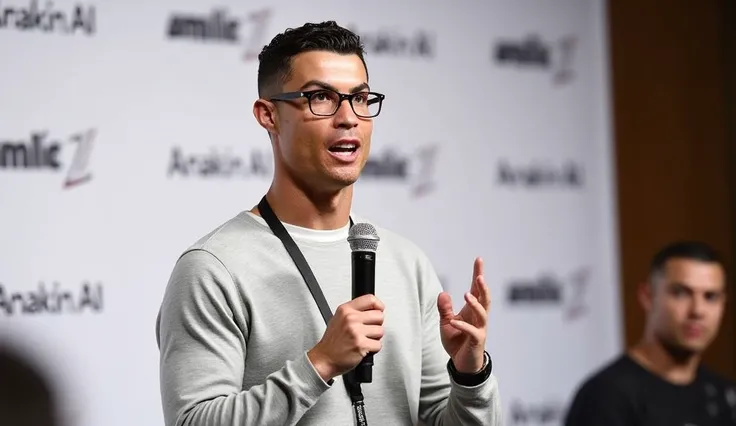 A charismatic speaker cr7 is captured mid-speech. He has short, tousled brown hair thats slightly messy on top, adorned with rounded rectangular-framed glasses with dark rims, is animated as he gestures with his left hand. He is holding a black microphone ...