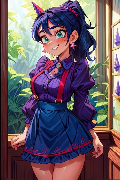 (Masterpiece, best quality) standing indoors with intricate details and sunlight, dark blue navy hair, two ponytails, green eyes,  red suspenders, violet lilac frilled dress with short neckline, earrings, dark blue shoes, diadema. Mischievous smile, teeth ...