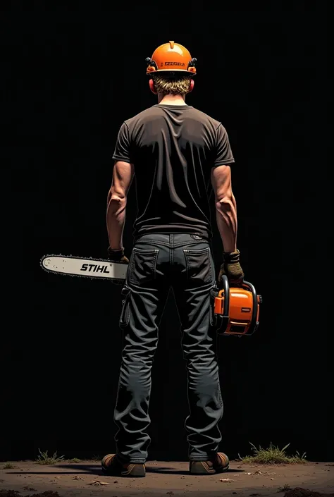  Create a picture with a boy  (mid-20s, 1,96m tall ,  blond curly hair ) 
 who stands with his back to me and has a Stihl chainsaw in his hand 
Important :  forestry helmet with ear protection from Stihl on 
black background 
Image consists only of lines 