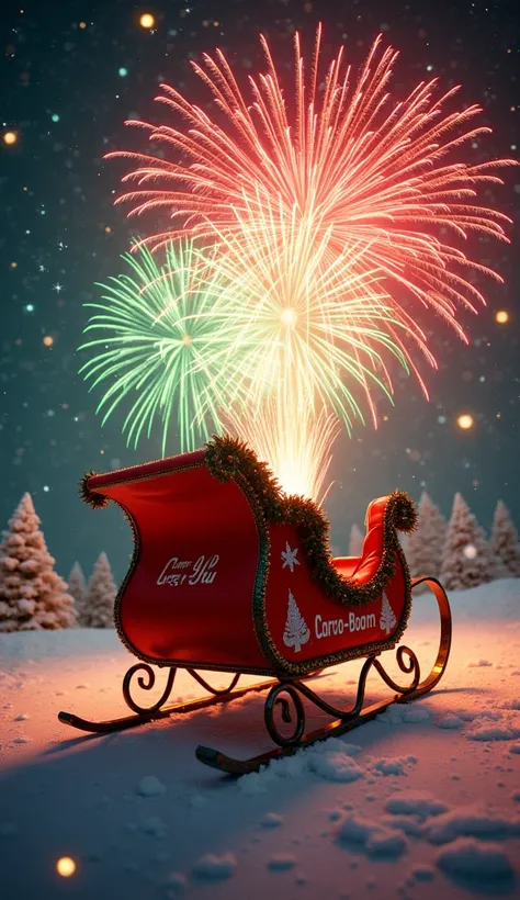 "Create a realistic and vibrant scene featuring an empty Christmas sleigh with the name Caro-Boom prominently displayed on it. From the back of the sleigh, let a spectacular display of colorful fireworks explode in the air. Use an abundance of bright, stri...