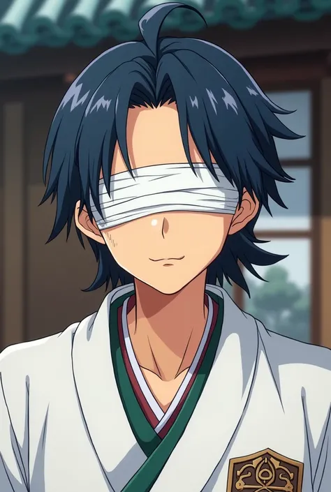 Guy with a kind smile, with bandages on his eyes, in white haori, in the style of the anime Demon slayer 