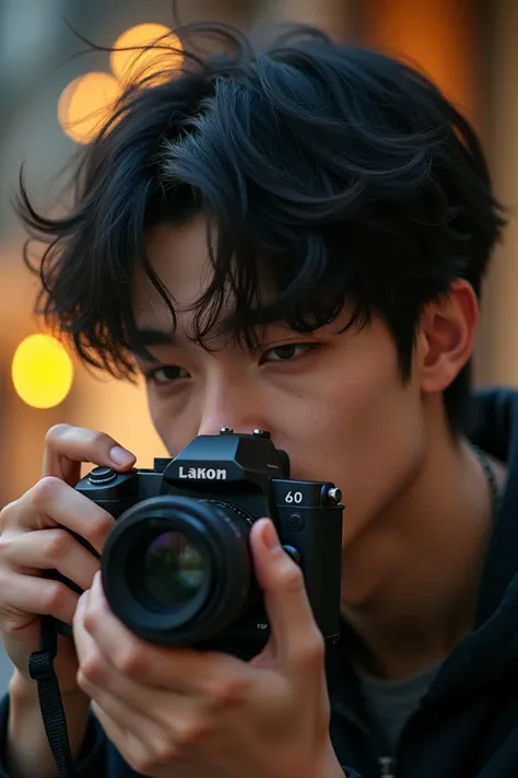  Teenage boy who likes to listen to his hobby music makes memories with his camera.  His features black hair ,  Age 20 ,  has a pretty handsome face , with ash eye color 