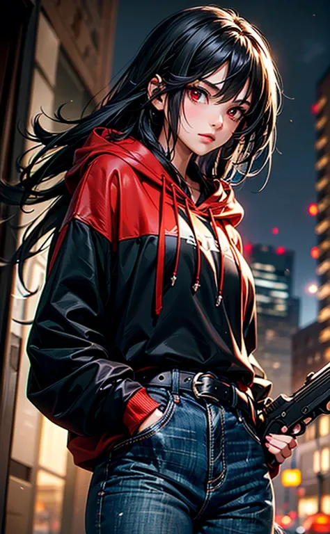 A girl with black long hair and red eyes wearing oversized hoodie and a neck belt holding a gun 