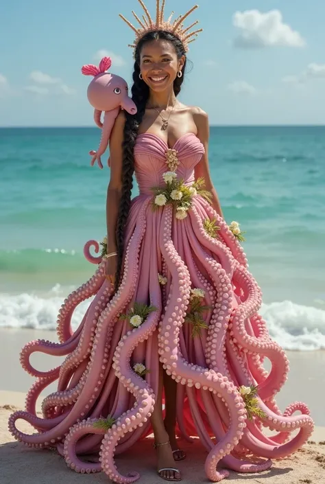 a realistic picture of A beautiful lady, long braided hair, smiling, wearing long dress that made by pink giant octopus and some small seaweed featuring detailed corals design and leaves that drapped over her shoulder, with a squid creatures crown.setting ...