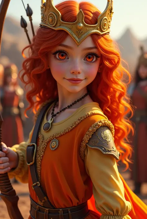 A pretty girl with curly red hair and a blazing red eyes, wearing an orange and yellow royal training clothes with her golden fiery crown, holding her bow and her arrows on her back, training at the grounds of the lava kingdom with her strong soldiers.