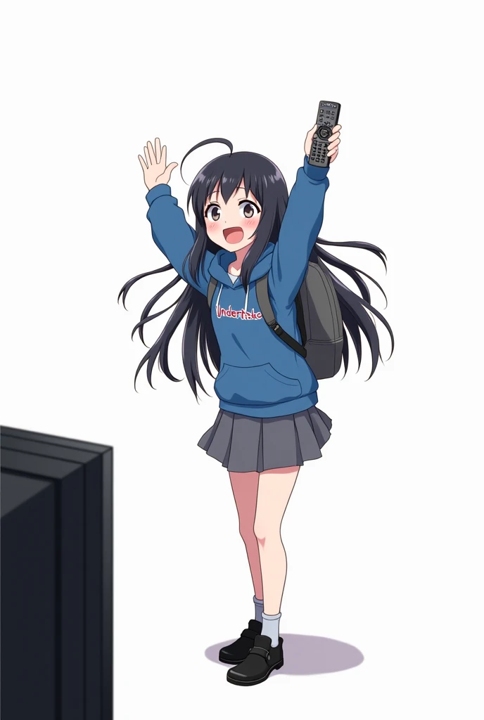 Teenage woman with black hair standing in the front and her legs and wearing black shoes and gray socks and blue poleron with a hood and with letters UNDERTAKE on the chest with and with backpack gray skirt anime image with a remote control black televisio...