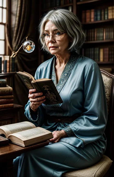 realistic painting, (( attractive)) Figure of a woman correcting a book , Antique books, Cozy dome-shaped study,  wizard , Healer, (( nostalgic)),  blue robe, Warm Palettes ,(Little old lady ), Geralt , gray bob haircut ,Equipped with glasses　 and the coll...