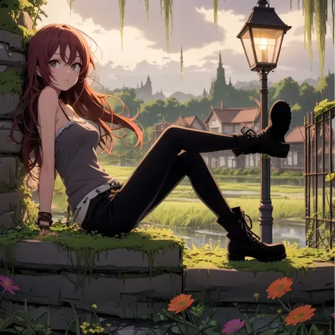 Highest Quality, masterpiece, light particles, expressionless young woman on sitting on mossy stone wall, legs swinging, lamp post, swept bangs, dark red hair, low twin tails, hair ribbons, gray eyes, gray strapless tank top with white trim, black jeans, b...