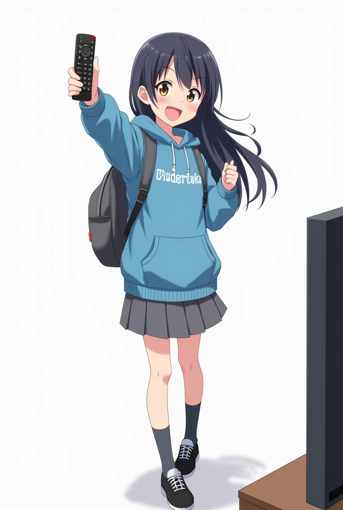 Teenage woman with black hair standing in the front and her legs and wearing black shoes and gray socks and blue poleron with a hood and with letters UNDERTAKE on the chest with and with backpack gray skirt anime image with a remote control black televisio...