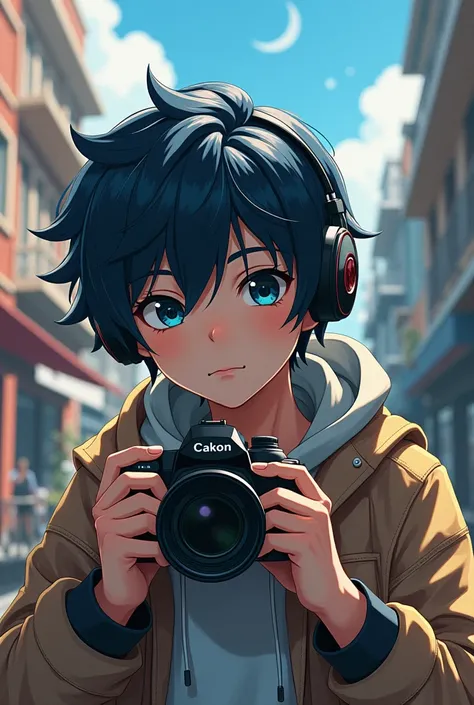  The teenage boy who always uses headphones his hobby makes memories with his camera. His features black hair is rather blue a little bit ,  Age 20 ,  has a pretty handsome face , with ash eye color 