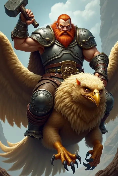 A fierce red-haired dwarf, mounted on a majestic griffon, exudes power and determination. His short, fiery hair and neatly trimmed beard contrast with his sturdy, muscular frame. Dressed in battle-worn armor, the dwarf’s chestplate and gauntlets are made o...