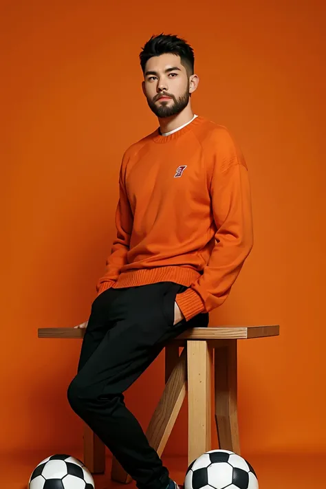  Ultra wide angle，handsome man ,短beard,Full body portrait， strong body，pectoralis major，Long Legs，Orange sweater, red background , soccer player with number 10，There is a soccer ball at the foot