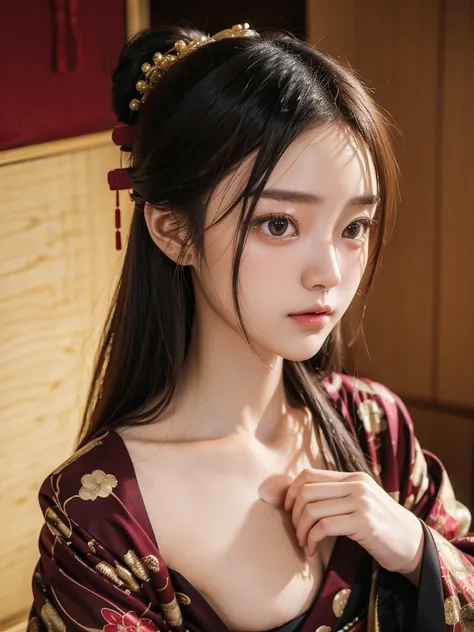 (sfw:1.5),( one beautiful Japanese girl:1.5), ( small chest:1.5), A young woman poses gracefully in a professional photo studio, captured from the chest up, wearing a luxurious furisode (long-sleeved kimono) for her Seijin-shiki (Coming of Age ceremony). T...