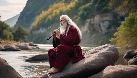 30 year old man with long white hair, wearing a maroon robe, sitting cross-legged on a rock blowing a flute, beautiful river background, cool atmosphere, afternoon, realistic, 8k resolution