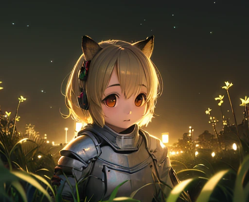 (8k,  best quality, masterpiece: 1.2), (Realistic, photoRealistic: 1.37),  super detailed,  one girl who is at ease,  owl under guard，Wide angle field of view , Firefly Garden,  There are lots of small, faint lights and fireflies flying,   knight ,Chibi