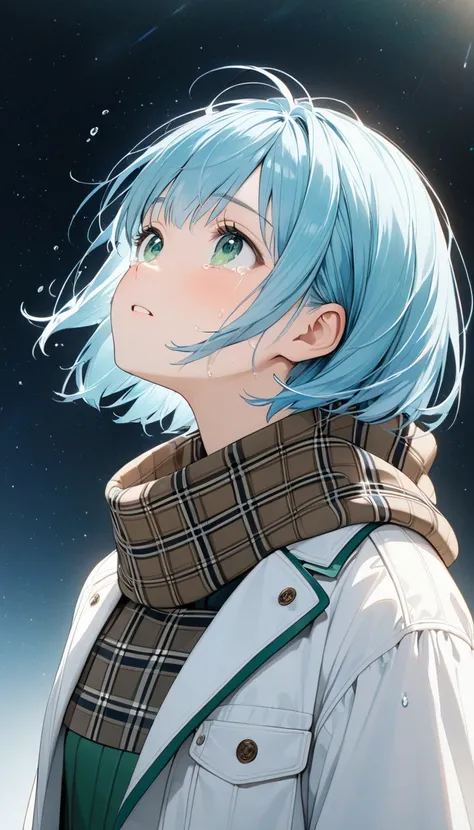 Highest quality、Light blue hair、Short Bob、Deep green eyes,20 years old,small breast,White coat、brown plaid scarf、 looking up at the sky、 crying、from side