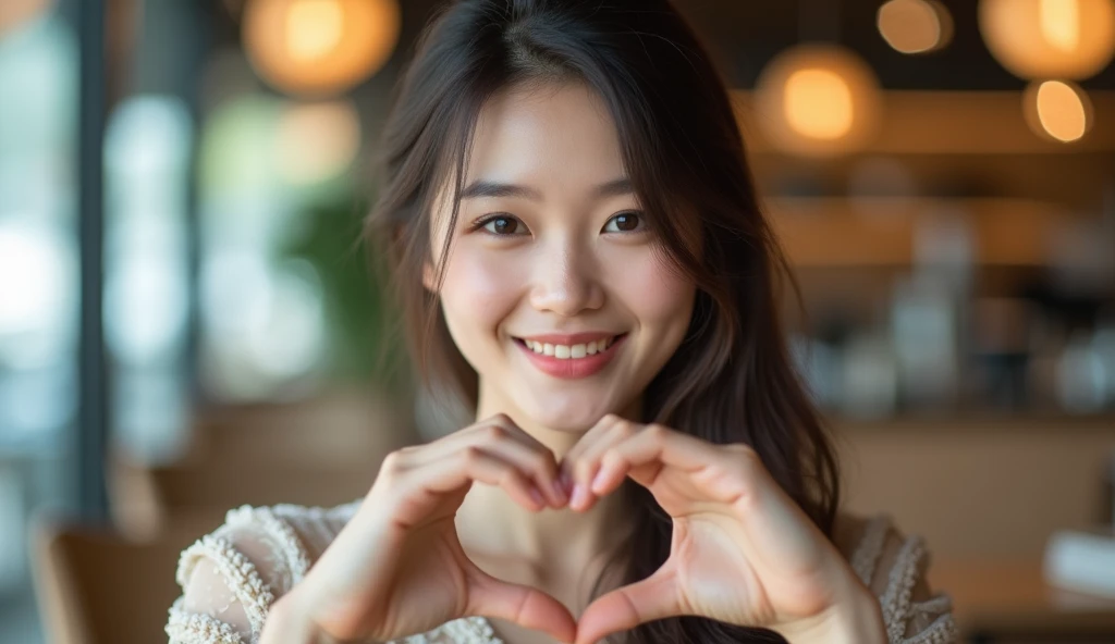 Photos of Thai+Korean women+Korea, the most beautiful face, sweet smile, polite, incorrect haircut. I returned straight to the middle of the back showed her finger making
Mini heart signal with fingers
Perfect position, after her is a beautiful modern cafe...