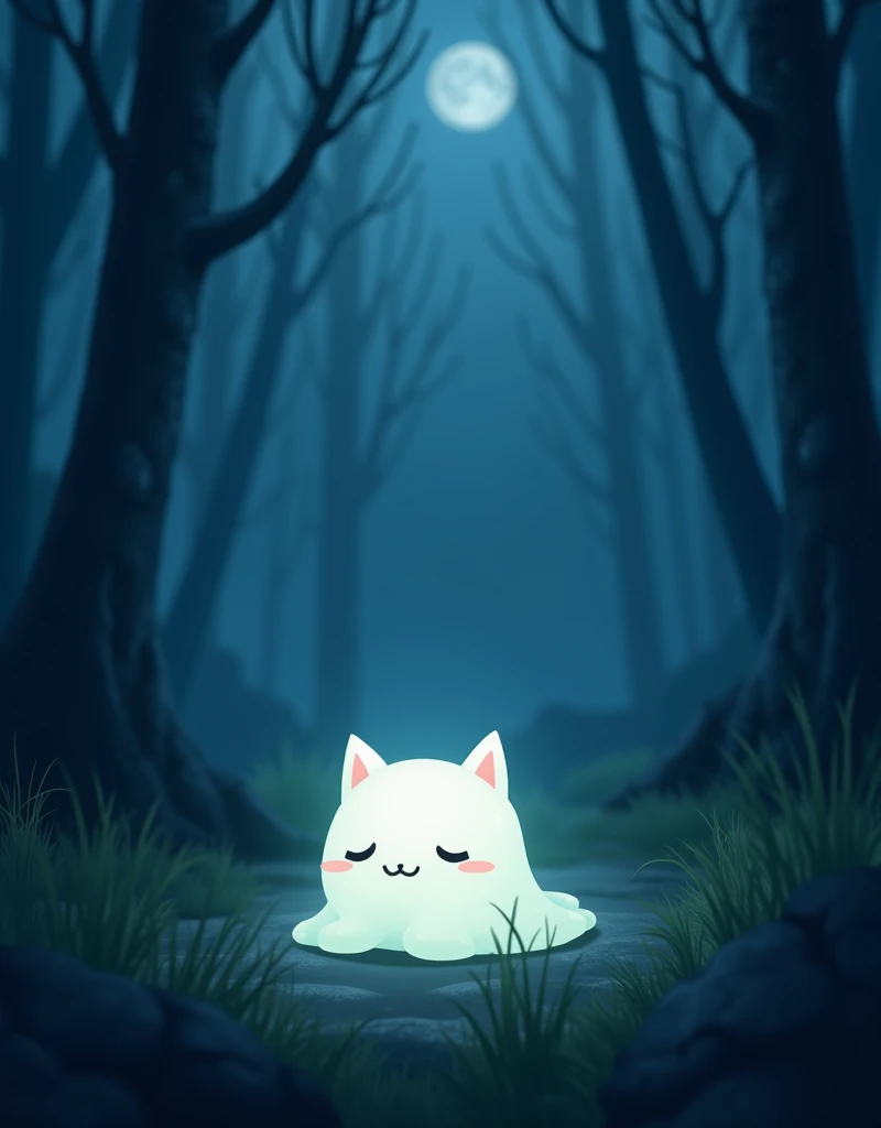  Cute simple slime alone in the dark forest at night , ( 1 lonely slime ), Forest view, (at midnight ,  dynamic landscape angle ,  focus on the landscape :1.2) ( small plain white translucent bioluminescent cute slime,  that one ,  slime has 2 cat ears , :...