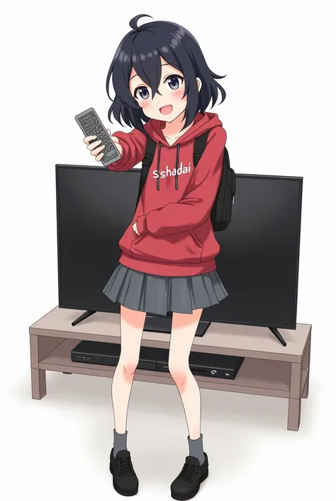 Teenage woman with black hair standing in the front and her legs and wearing black shoes and gray socks and red poleron with a hood and with letters SSHADAI on the chest with and with backpack gray skirt anime image with a remote control black television w...