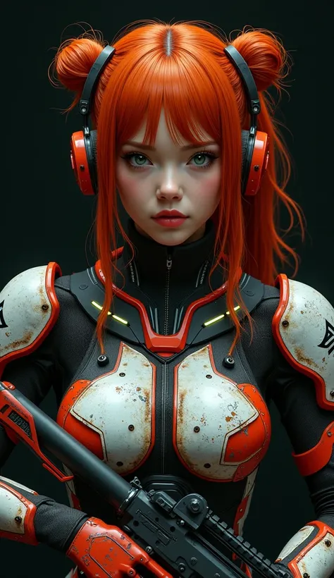 Frontal shot of the bust facing forward in foreshortening, a woman with orange-red hair with two buns on the sides of her head, very long wavy hair, with bangs, very detailed green eyes, thick and wet lips, relaxed face, staring at the viewer, sensual, red...