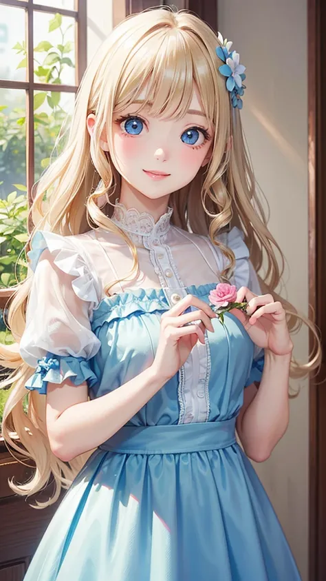 Best Quality、 high resolution on down、19K、 white skin、(Face and eye details:1.2)、 1 girl、smile、Big adorable eyes 、 Very Delicate Beautiful Girl 、Light Blonde、 long wavy hair、 blue eyes、nose、(A little ish in appearance)、(( very beautiful))、(Freckles:0.7)、cu...