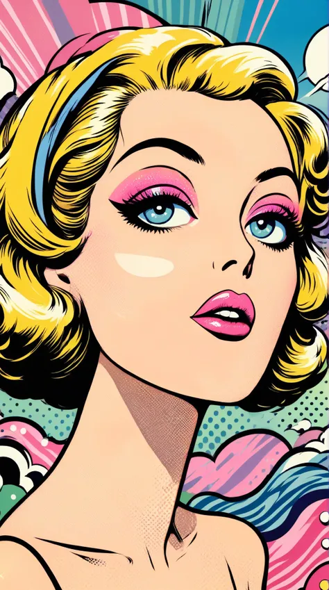 detailed pop art, 60s pin-up girl, pastel colors, dreamy background, saturated colors, Lichtenstein inspired, magical glowing aura, soft focus, makeup details,  bold graphic lines, op-art patterns, glossy lips, surreal landscape, Andy Warhol, David Hockney...