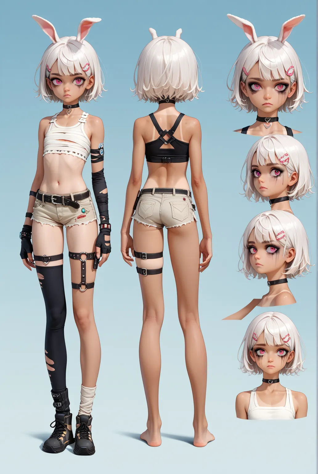 character sheet, fullbody. nsfw. tan loli, short hair, flat chest, bunny ears, white hair, slutty desert clothes, asymetrical cl...