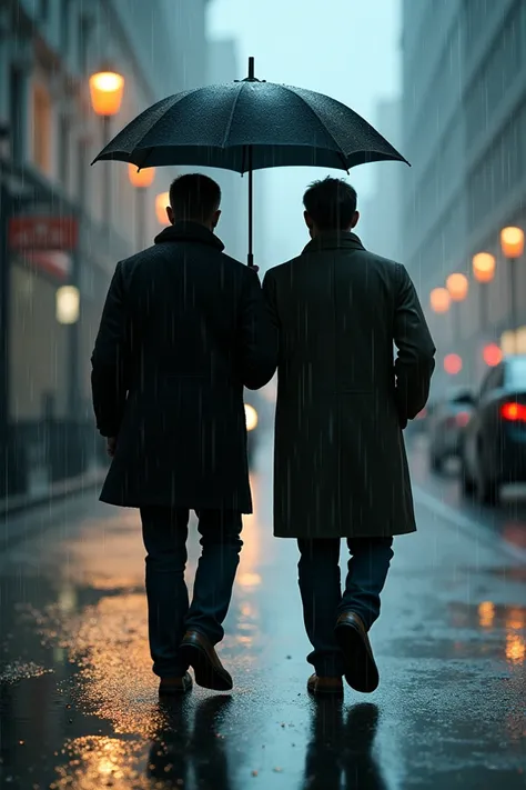 Two man walking under the rain