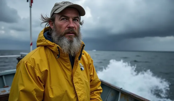 A weathered fisherman cr7 with messy beard stands on the deck of his boat, gazing out at a stormy sea. He has a thick, salt-and-pepper beard, deep-set blue eyes, and skin tanned and creased from years of sun exposure. Hes wearing a yellow raincoat and hat,...