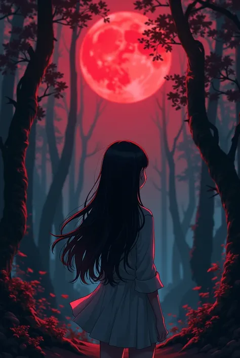  black-haired girl , , looking at a forest ,  in front of a red moon, anime