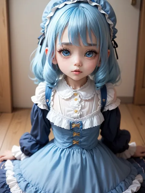 cute little lolita、Girl with kawaii lolita style、Bob Hair、lolita、Sweet、Double vertical roll, Blue Hair/Light blue hair, Golden Eyes, I want to cry, 