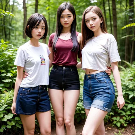 girl teen shorts standing in the middle of the forest