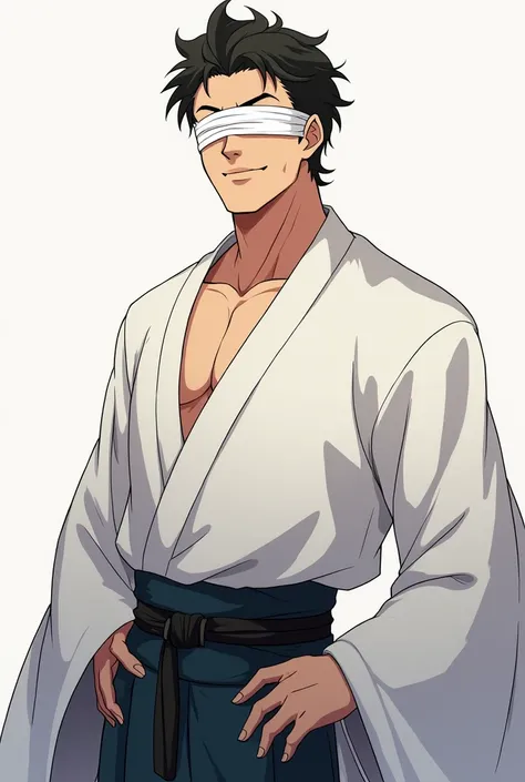 Adult guy with a kind smile,With white skin, good physique,  with bandages on his eyes, in white haori, in the style of the anime Demon slayer 