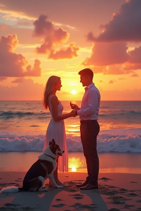 couple on the beach at sunset proposing to marry a dog 