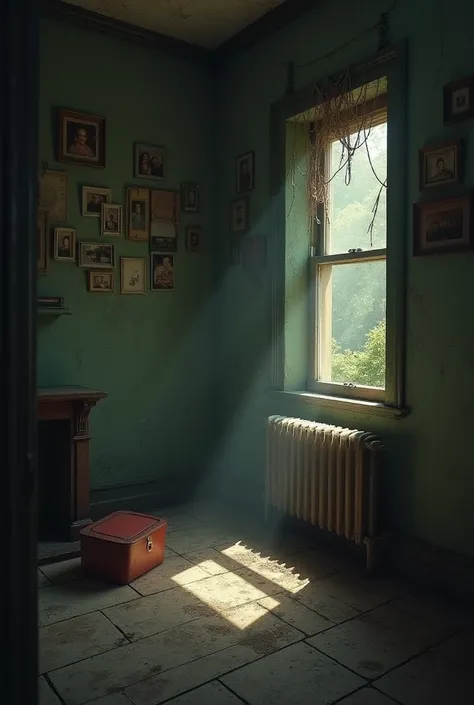 A dusty, dimly lit old room with cobwebs. A small red box is placed in a corner, and old family photos hang crookedly on the walls.