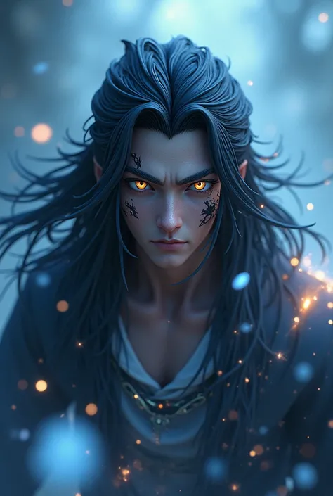 3D long haired man anime figure in"Sparkle story "The surrounding atmosphere is foggy, white flames mixed with black in the eyes, there are black, white flames, burns on both sides, blue yellow eyes, Chinese anime, cool requests.