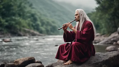 close up 30 year old man with long white hair, wearing a maroon robe, sitting cross-legged on a rock blowing a flute, beautiful ...