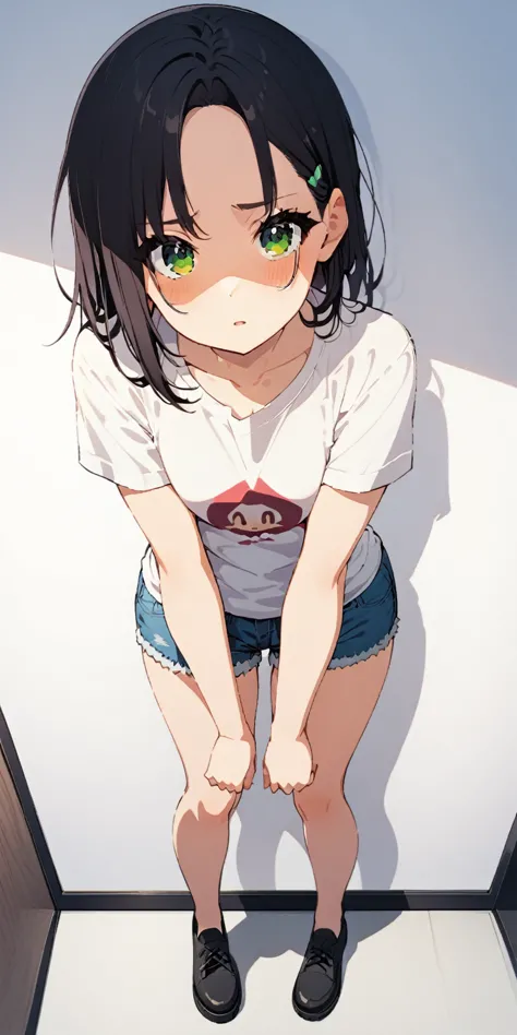 nagatoro :  a cute girl dressed in a t-shirt and short denim shorts , in front of me full body , crouching down to get something...