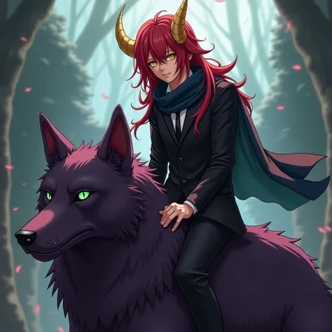 chico, anime, young adult,  long intense red hair , with golden horns and yellow eyes, dressed in a black suit ,  and a dark blue scarf , riding a huge furry dog ,dark purple fur , emerald green eyes ,