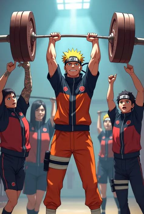 Create naruto doing clean & jerk movements and got "COBT" logo On his shirt while being support by sasuke , hinata , kakashi & sakura