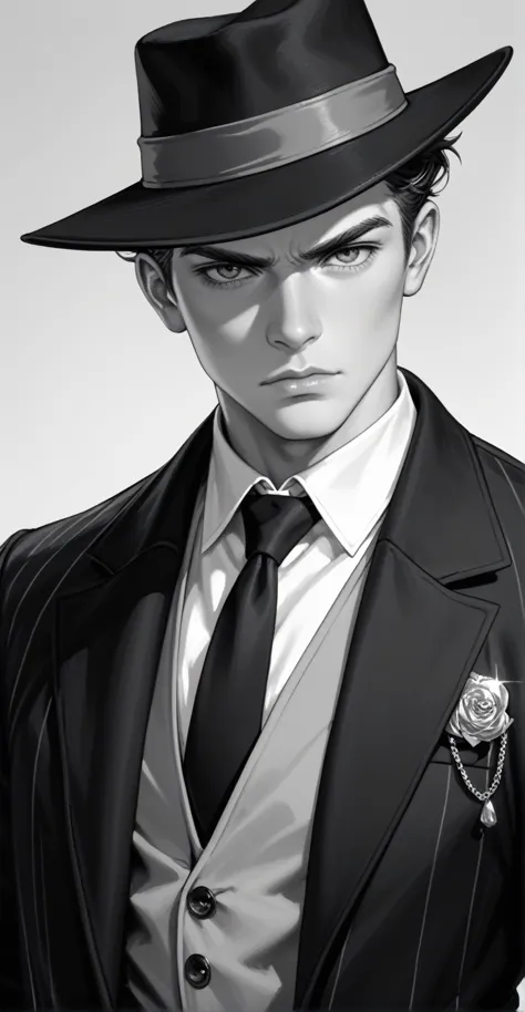 a boy, serious face, physically strong, dressed like detective,  black and white image