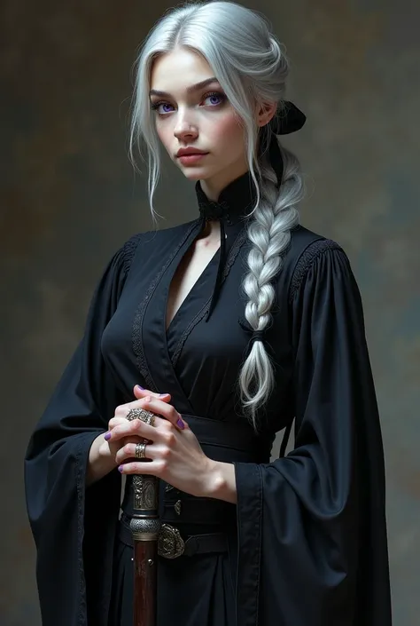 rangy,  with an elegant and aristocratic posture .  Her silver hair falls in soft waves up to her shoulders ,  often tied in a low tail with a black ribbon . Her bright violet eyes  ( altered by magical rituals )  contrast with his pale complexion and angu...