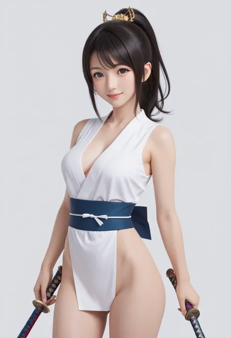 (((masterpiece))),(((highest quality))),White background, Adorable and cute smile, Illustration with a touch of modern Japan, Dynamic pose, Cute and beautiful Japanese like an idol, cowboy shot, Thighs, Look at viewer, Stunning face, Brightly lit studio sh...