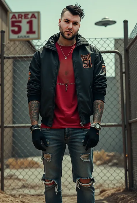 In the foreground A mesh fence ,  in the background of a 30-year-old boy ,  shaved hair on the sides of 2 and combed toupee ,  black bomber jacket   , tattooed arms, red t-shirt drawing Alien ,   black gloves  ,  behind an industrial warehouse with the wor...