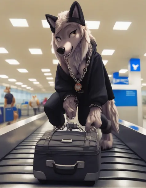 score_9, score_8_up, score_7_up, score_6_up,   a very extra long haired, anthro furry, wolf, wearing  black poncho with waistband, Chain collar, badge on the chain collar, sniffling luggage with its nose, furry wolf on the conveyor belt, furry wolf on the ...