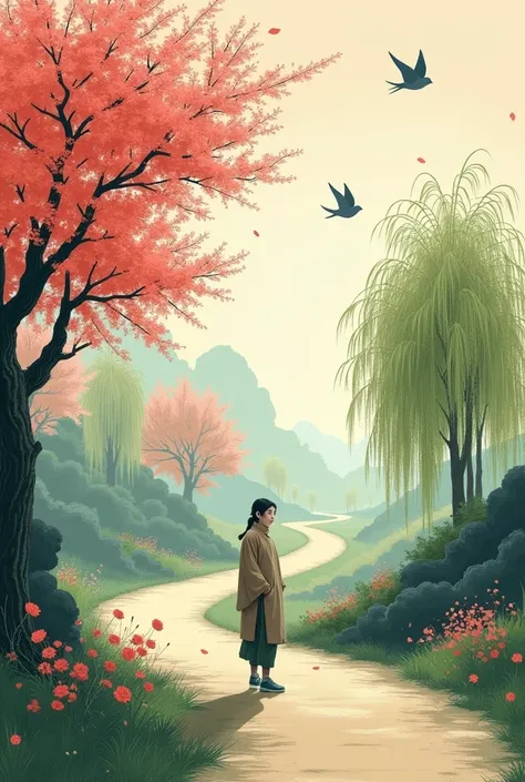 The east wind picks up spring clothes, Walking in search of scent、come back. The red mirror-like peach blossoms smile, Green willows and swallows flying together. A poor vanilla wandering the winding road, Melancholy Qiaolin Hanging Luo Hui. Remember where...