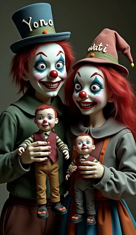 A creepy male clown wearing hat with text "Yono", a creepy female clown wearing hat with text "Wati", each holding and playing marionette male toys.